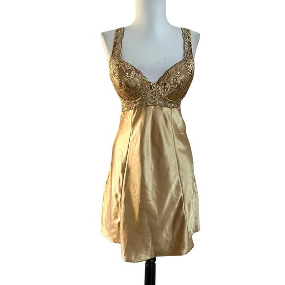 Victorias Secret Satin Lace Slip Mini Dress Chemise M Gold Cocquette Party Glam - Picture 1 of 12